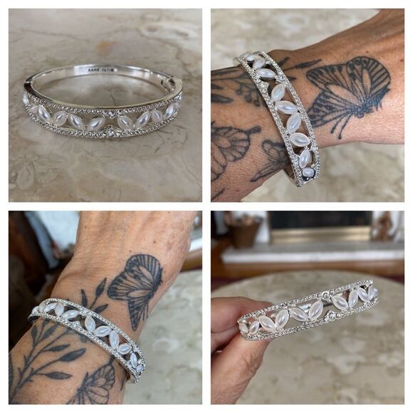 Anne Klein Silver Tone & Pearls Hinged Cuff Bracelet - Picture 1 of 9